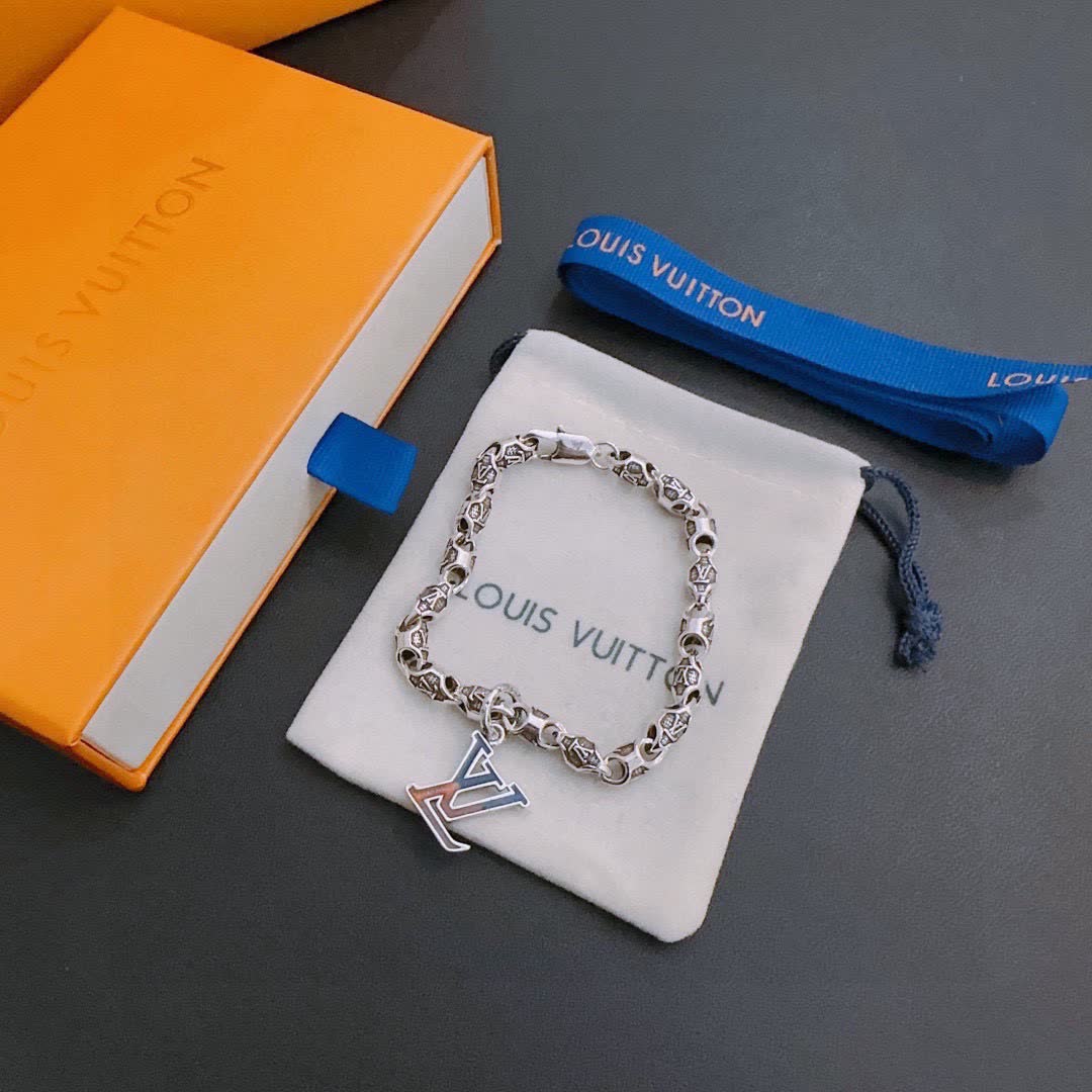 Louis Vuitton Silver Bracelet with LV Logo Charm